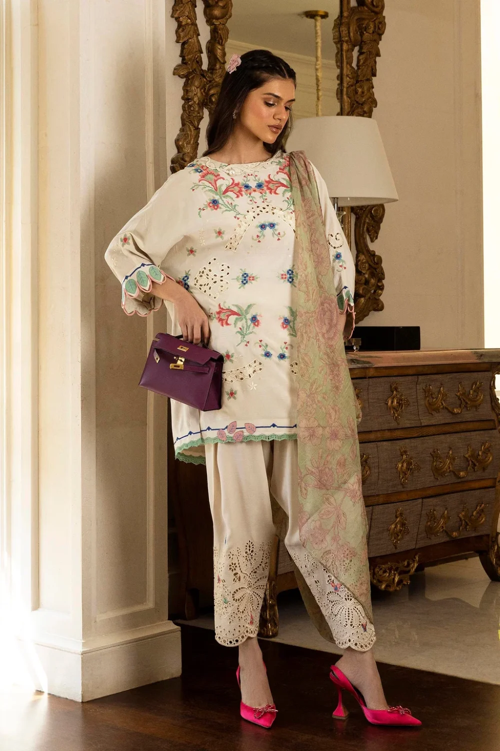 Stitched Embroidered Raw Silk Shirt+ Shalwar